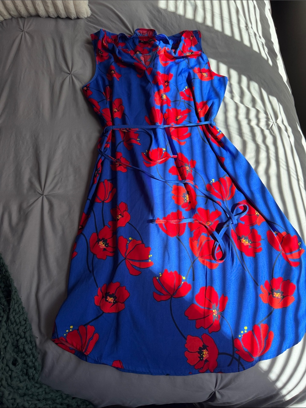 Sleeveless Blue Dress with Red Floral Print-41 Hawthorn